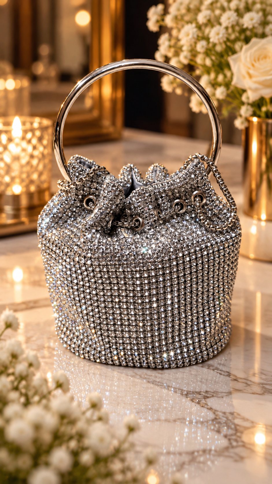 Silver Crystal Luxe Bucket Bag