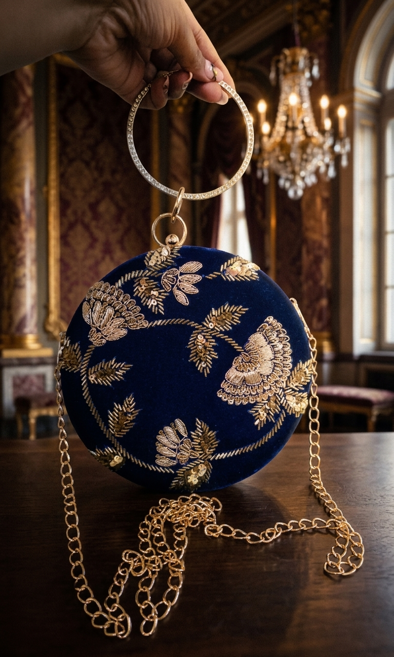 Round Embellished Velvet Clutch – Royal Blue
