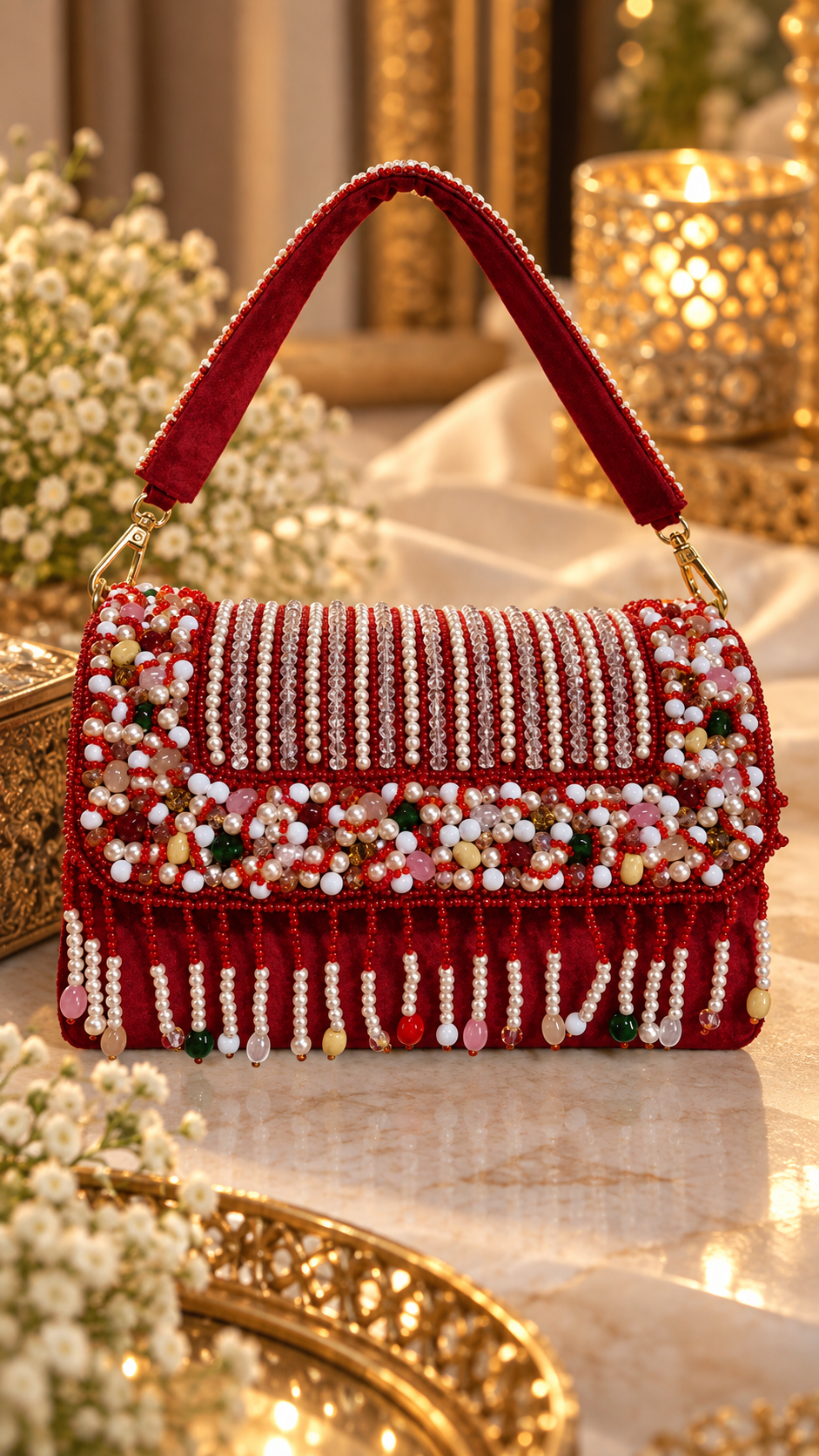 Ruby Royale – Handcrafted Pearl & Beaded Embellished Handbag