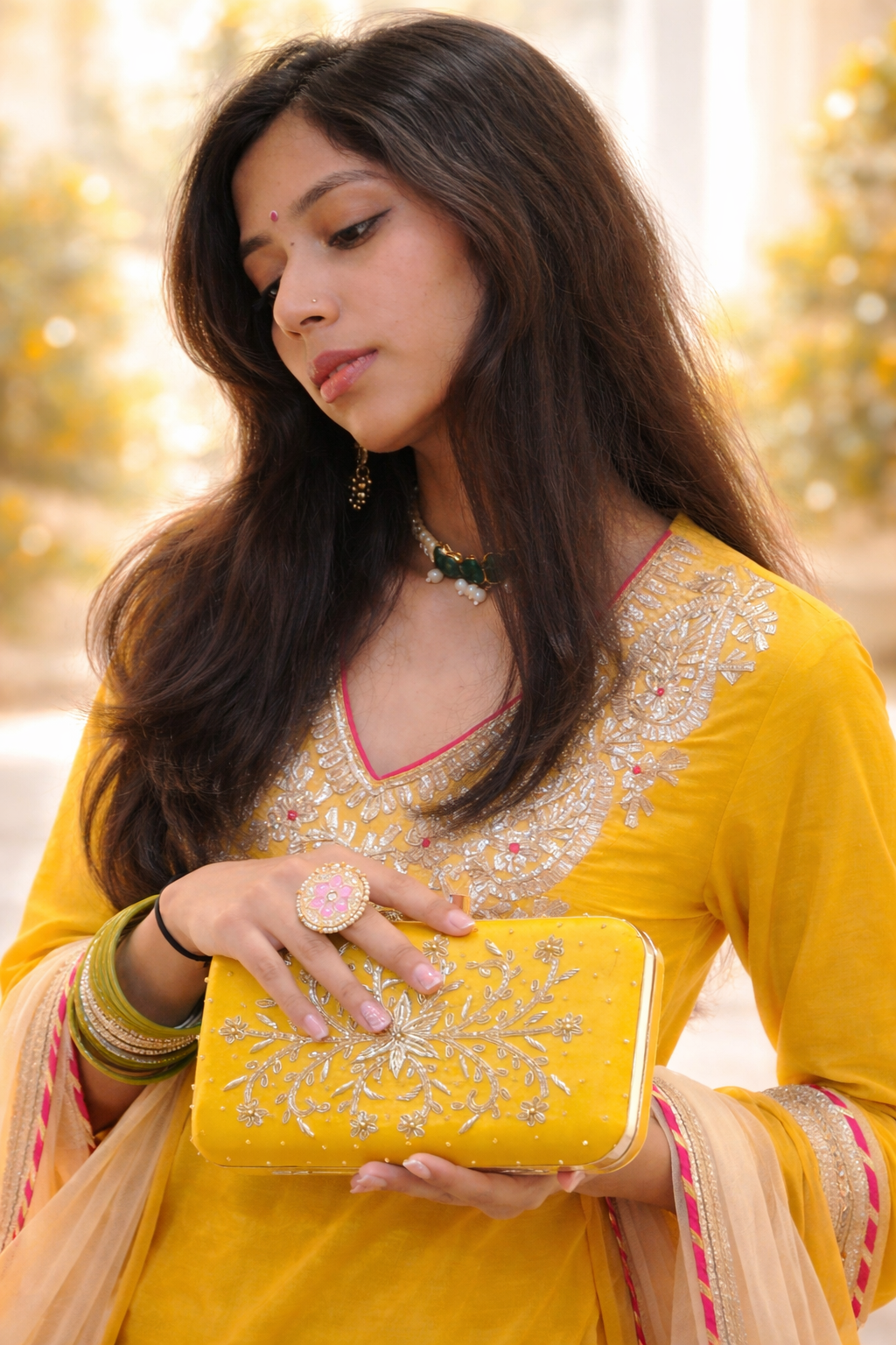 Yellow Embroidered Clutch