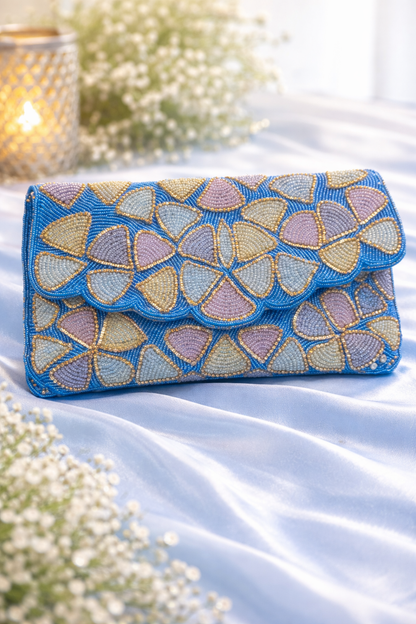 Azure Petal Hand-Beaded Envelope Clutch