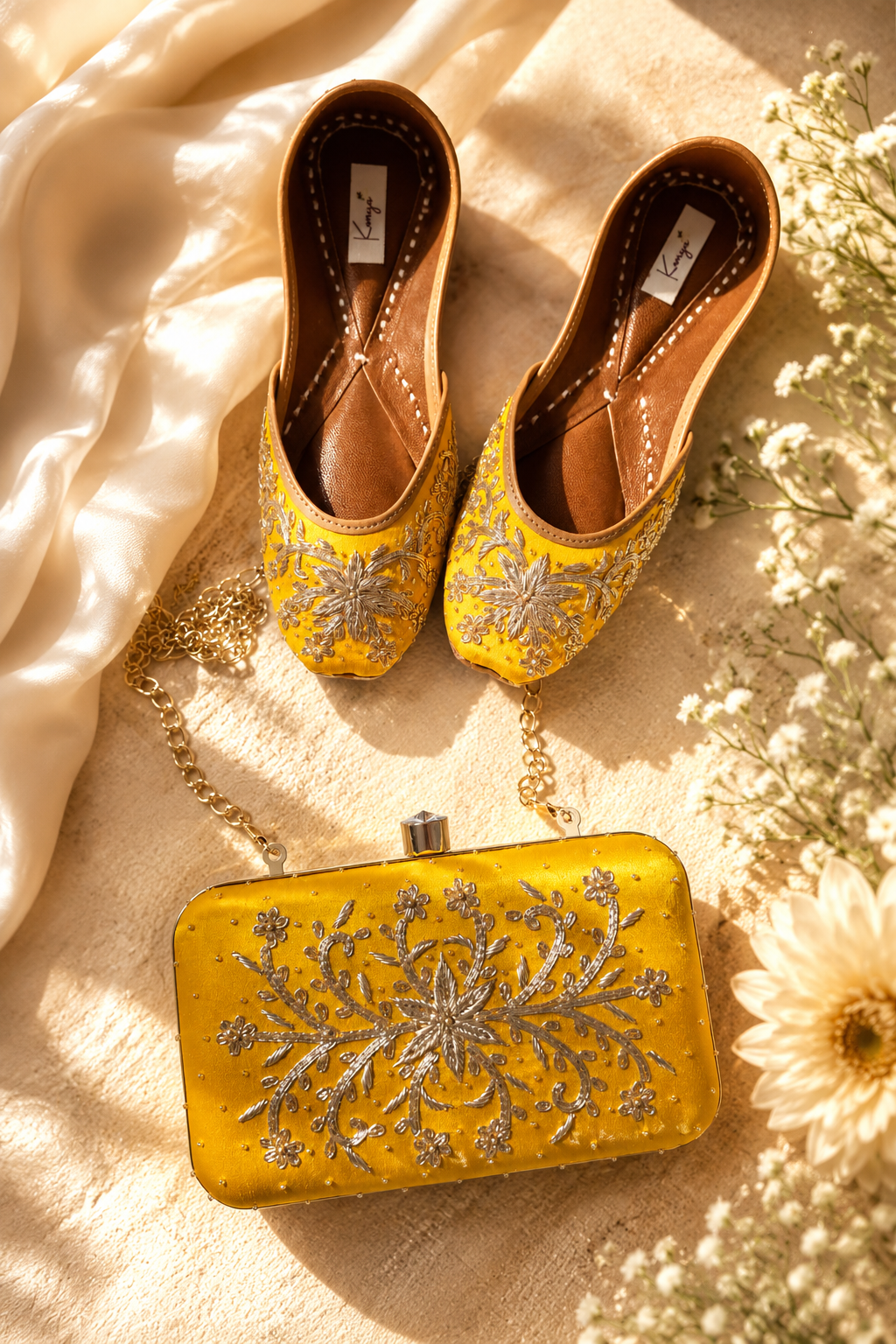 Mustard Yellow gold Jutti & Clutch Combo