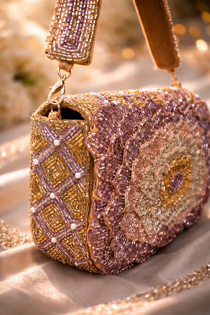 Champagne Gold Floral Beaded Handbag