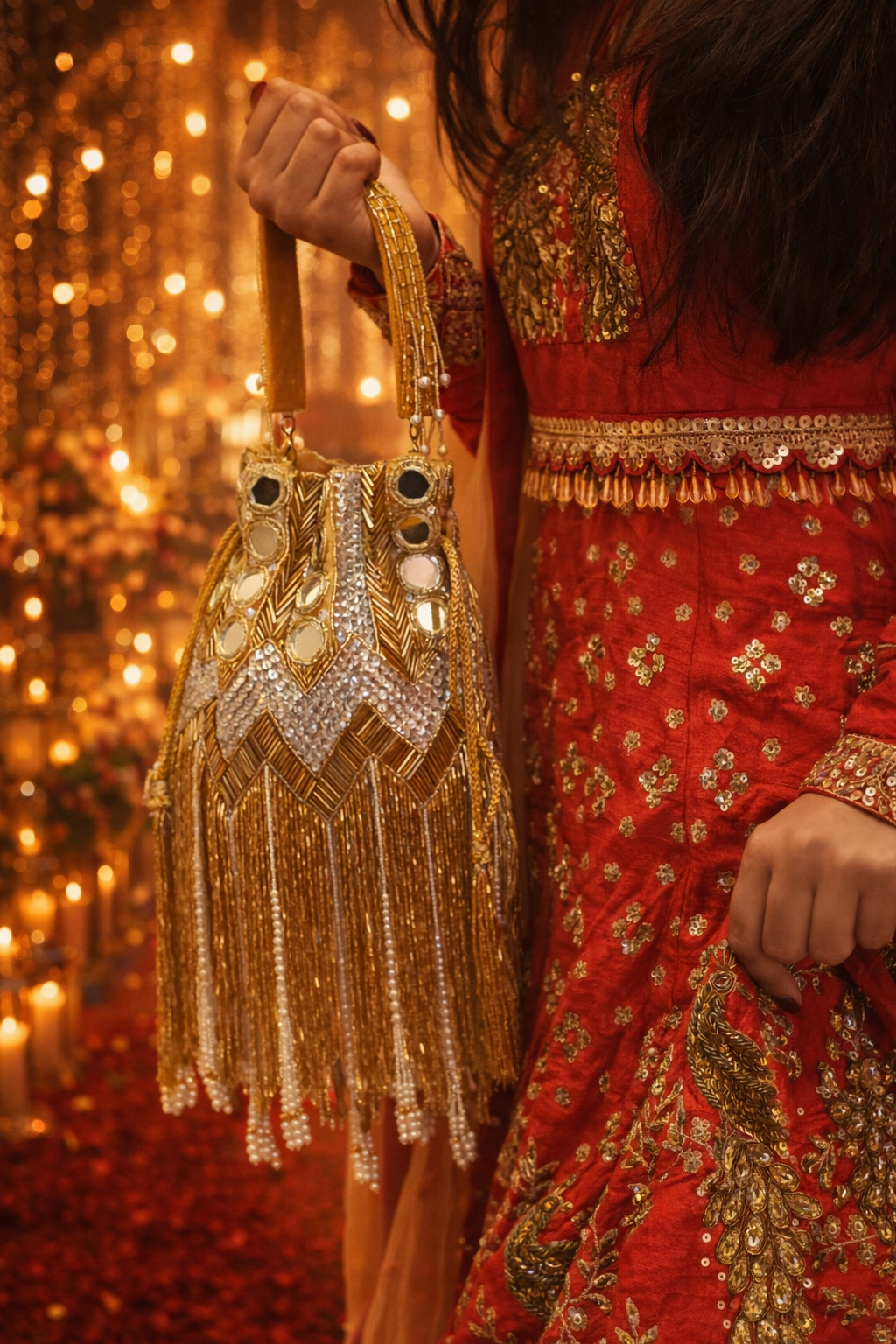 Gold & White Mirror Embellished Potli Bag
