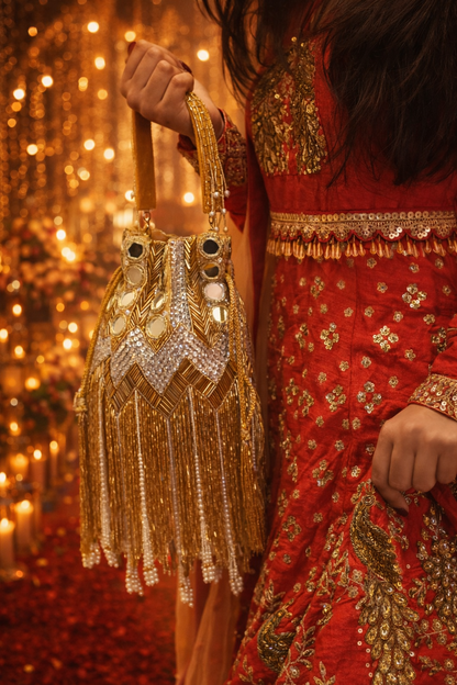 Gold & White Mirror Embellished Potli Bag