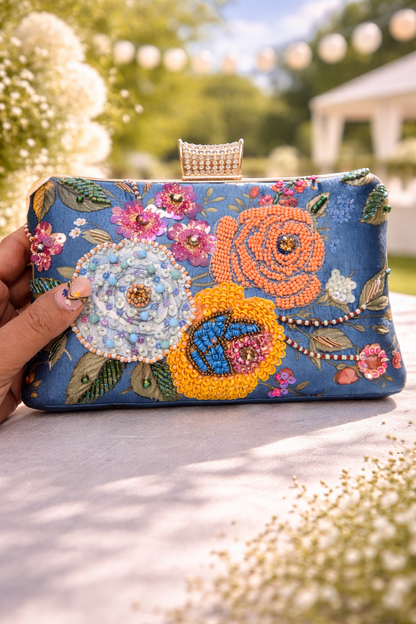 Blue Floral Embroidered Clutch Bag