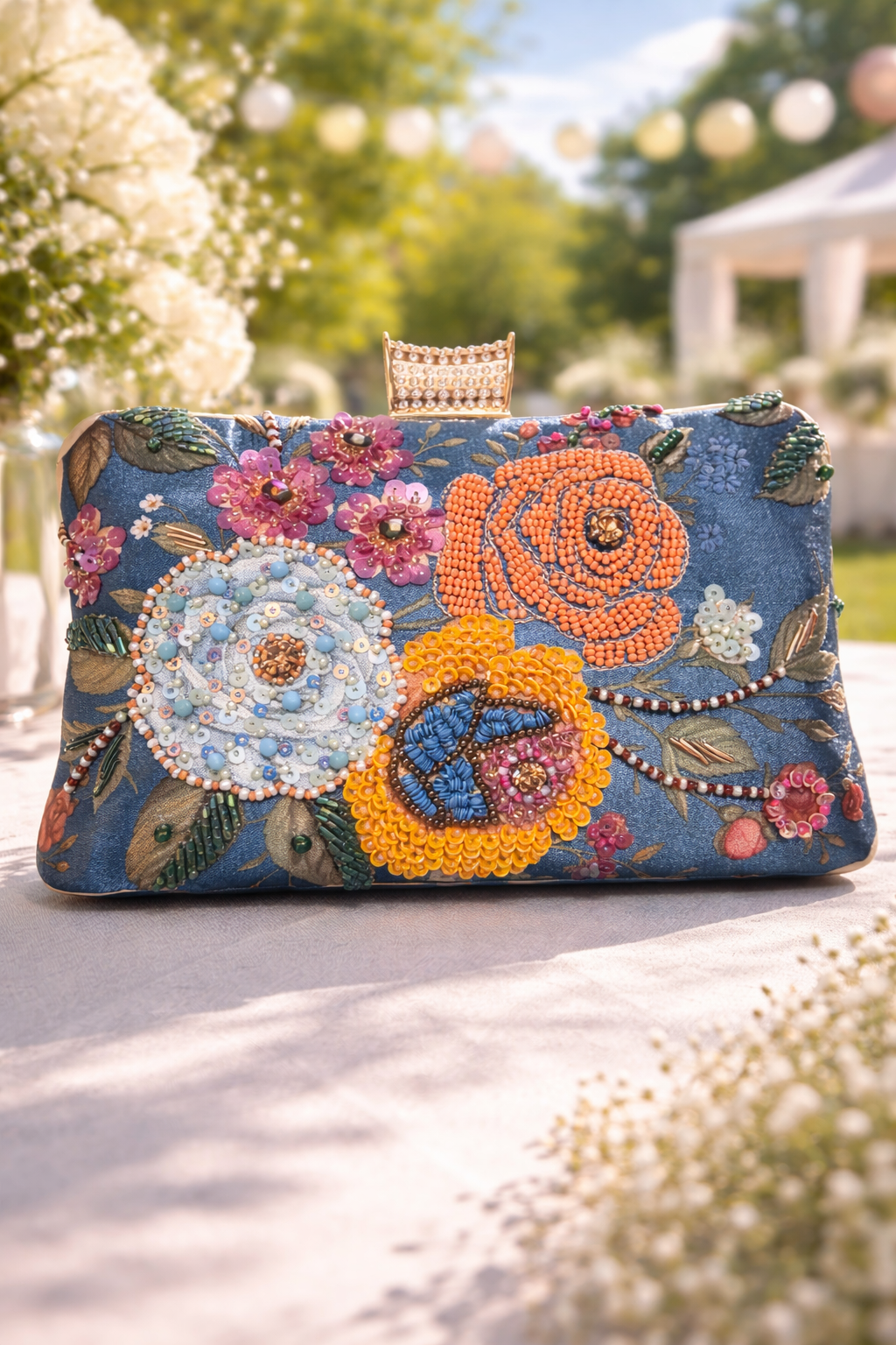 Blue Floral Embroidered Clutch Bag