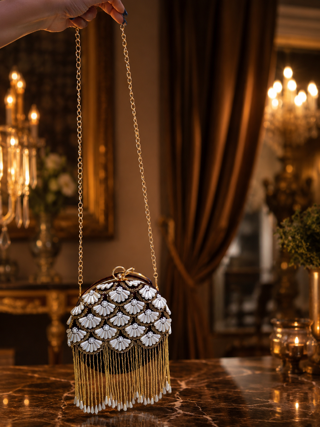 Pearl Round Clutch with tassels