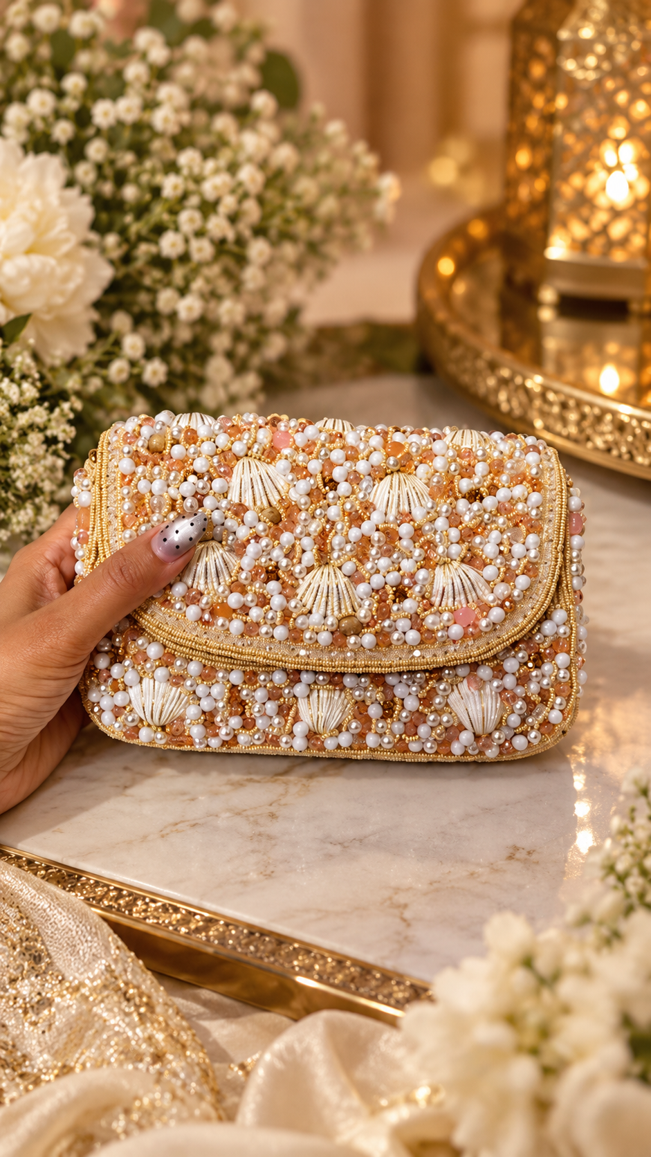 Pearl Shell Cascade Embellished Handbag- gold