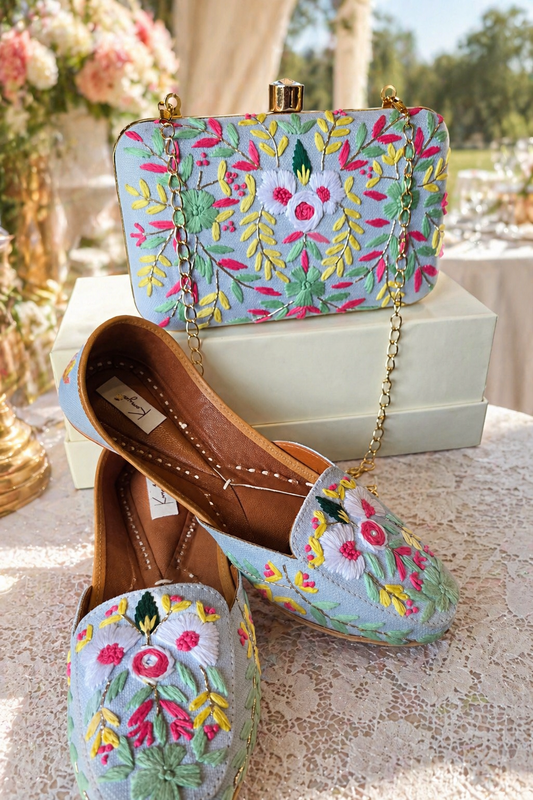 Pastel Bloom Embroidered Jutti & Clutch Bag Combo