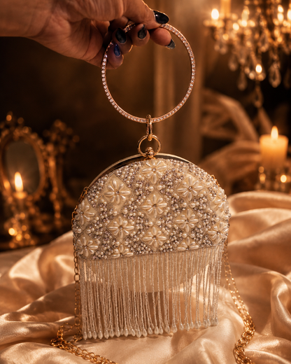 Embroidered Round Clutch with tassels