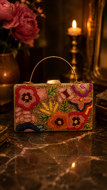 Floral Beaded Evening Clutch- Gold