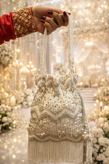 White & Silver Embellished Potli Bag