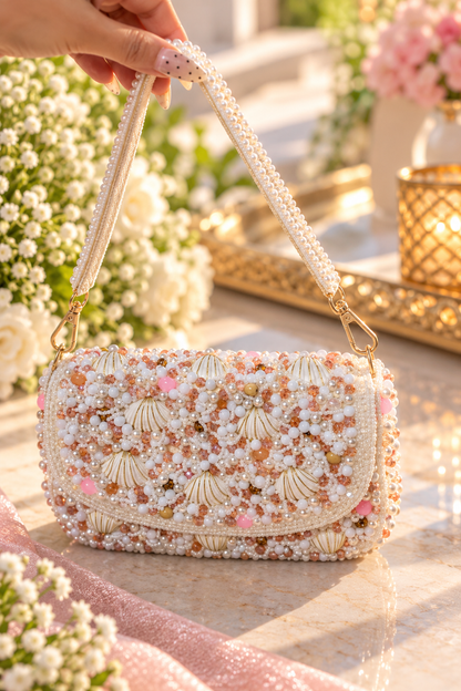 Pearl Shell Cascade Embellished Handbag - white