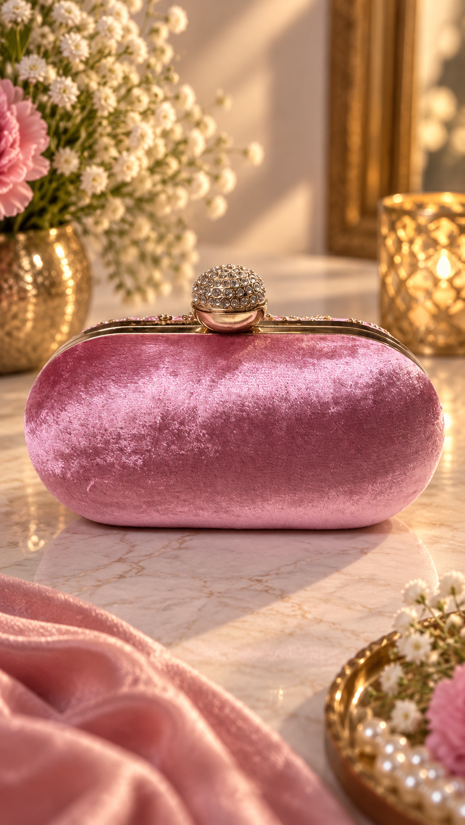 Blush Bloom Embellished Velvet Clutch