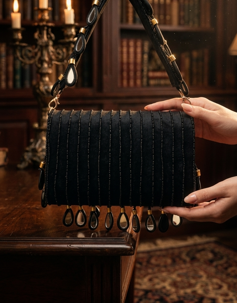 Black Embellished Mirror Statement Handbag