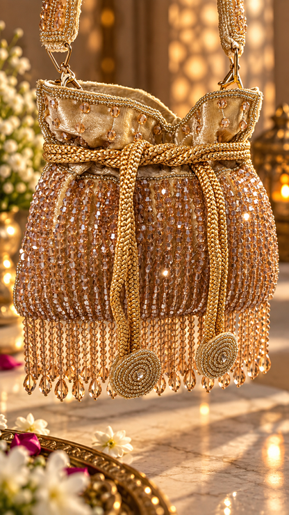 Gold Crystal Cascade Mini Potli Bag