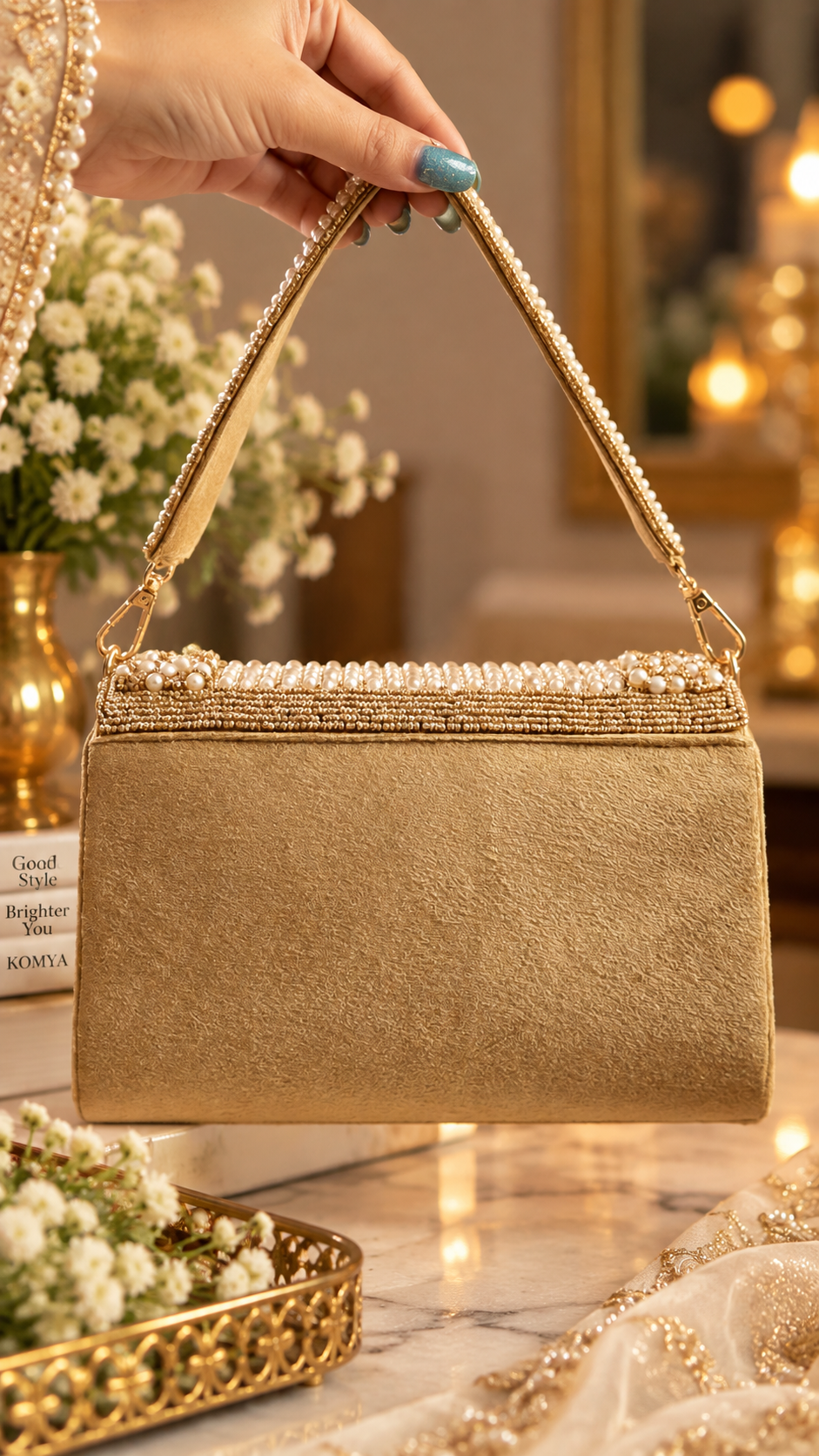 Pearl Cascade Embellished Gold Clutch