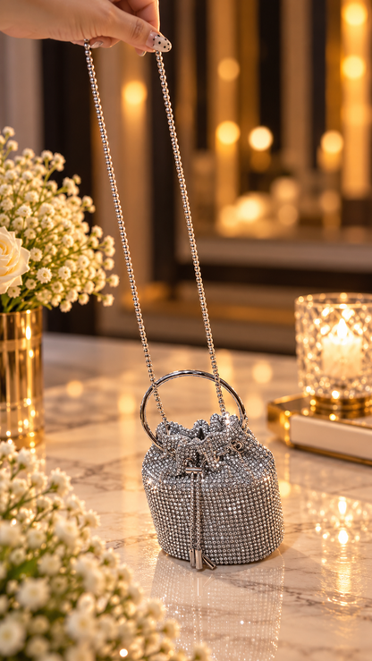 Silver Crystal Luxe Bucket Bag