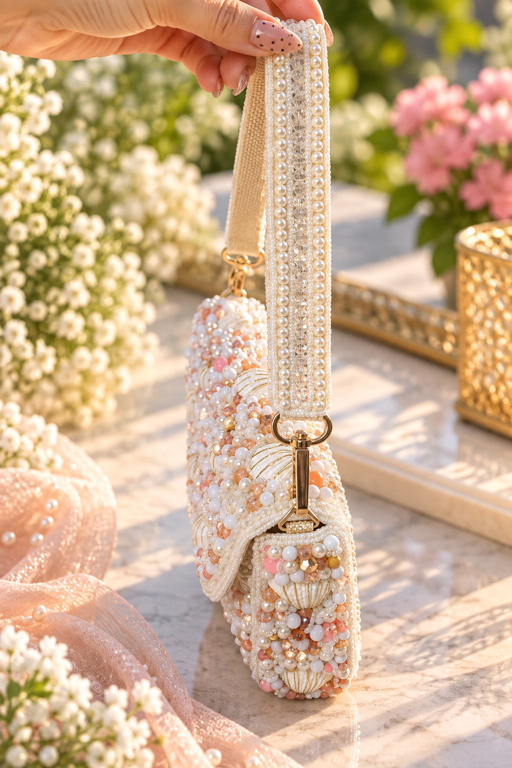 Pearl Shell Cascade Embellished Handbag - white