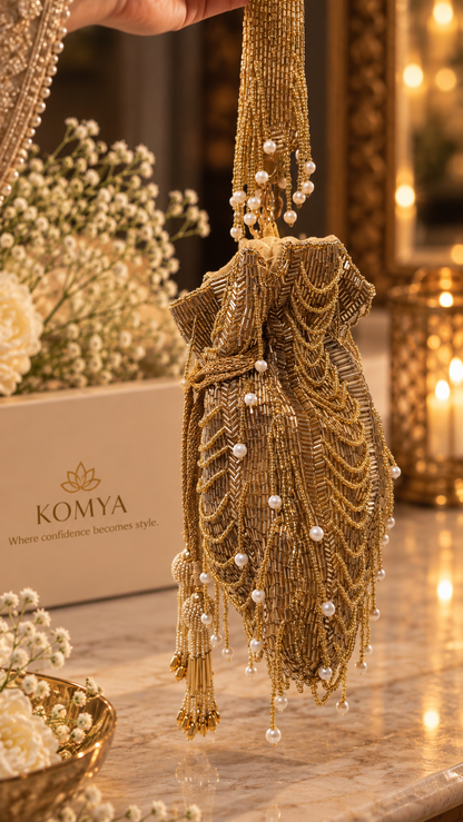 Golden Pearl Cascade Handcrafted Potli Bag