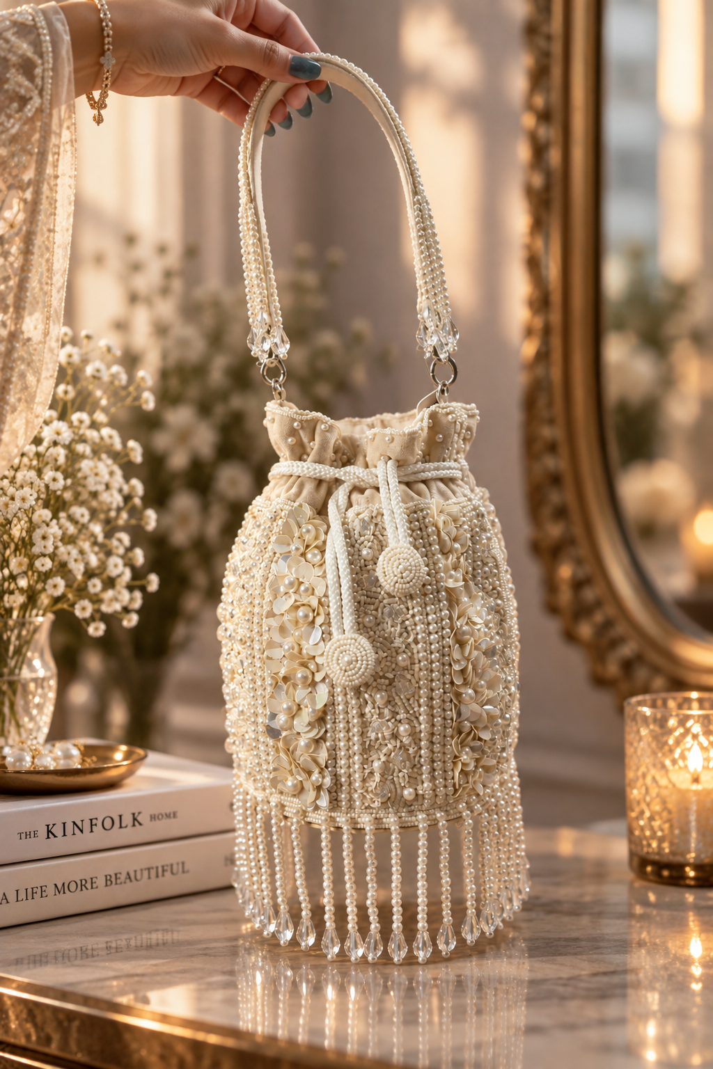 Ivory Pearl Cascade Potli Bag