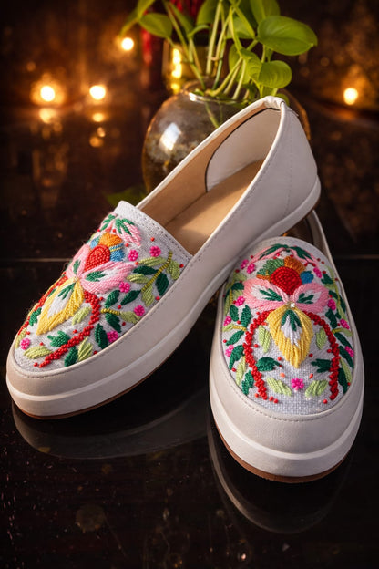 White Handcrafted Embroidered Slip-On Shoes