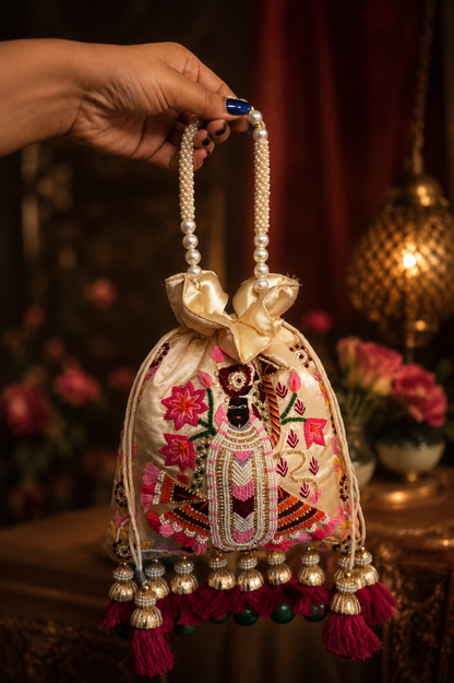 Shreenathji Embroidered ivory-gold Potli