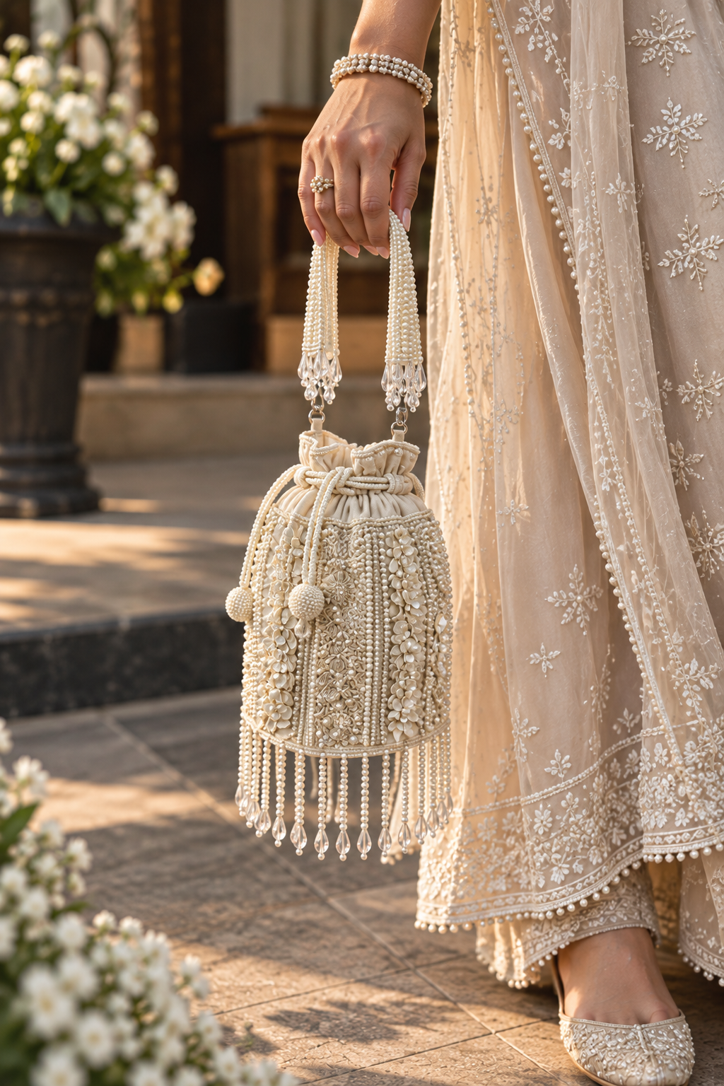 Ivory Pearl Cascade Potli Bag