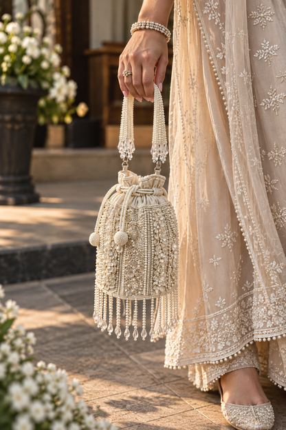 Ivory Pearl Cascade Potli Bag