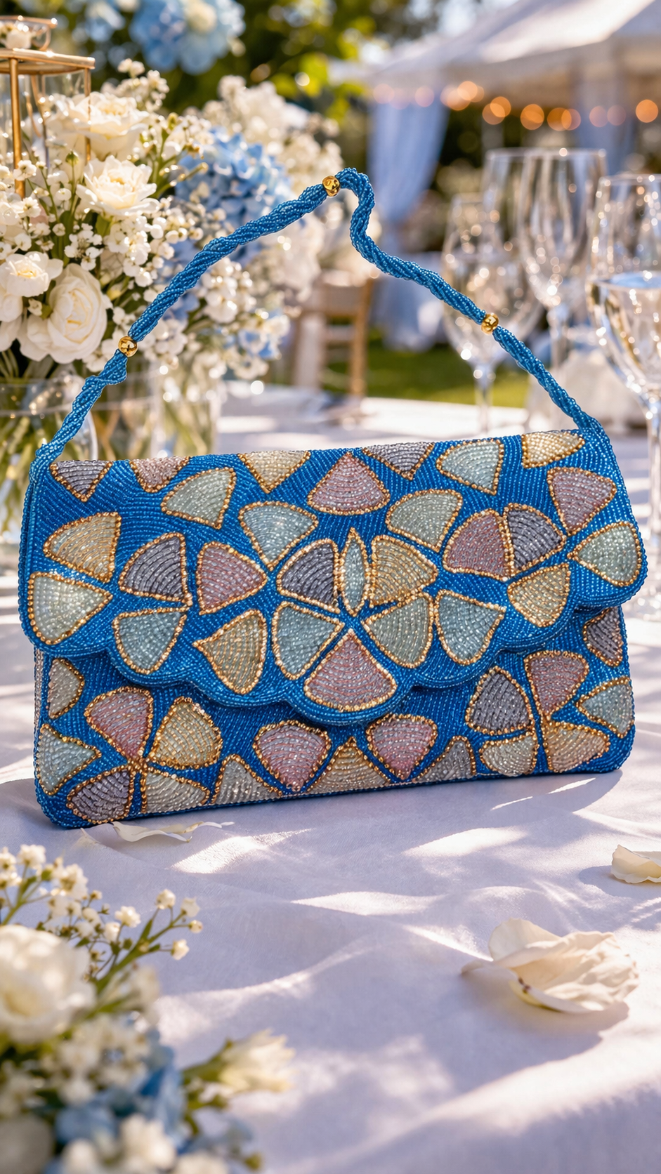 Azure Petal Hand-Beaded Envelope Clutch