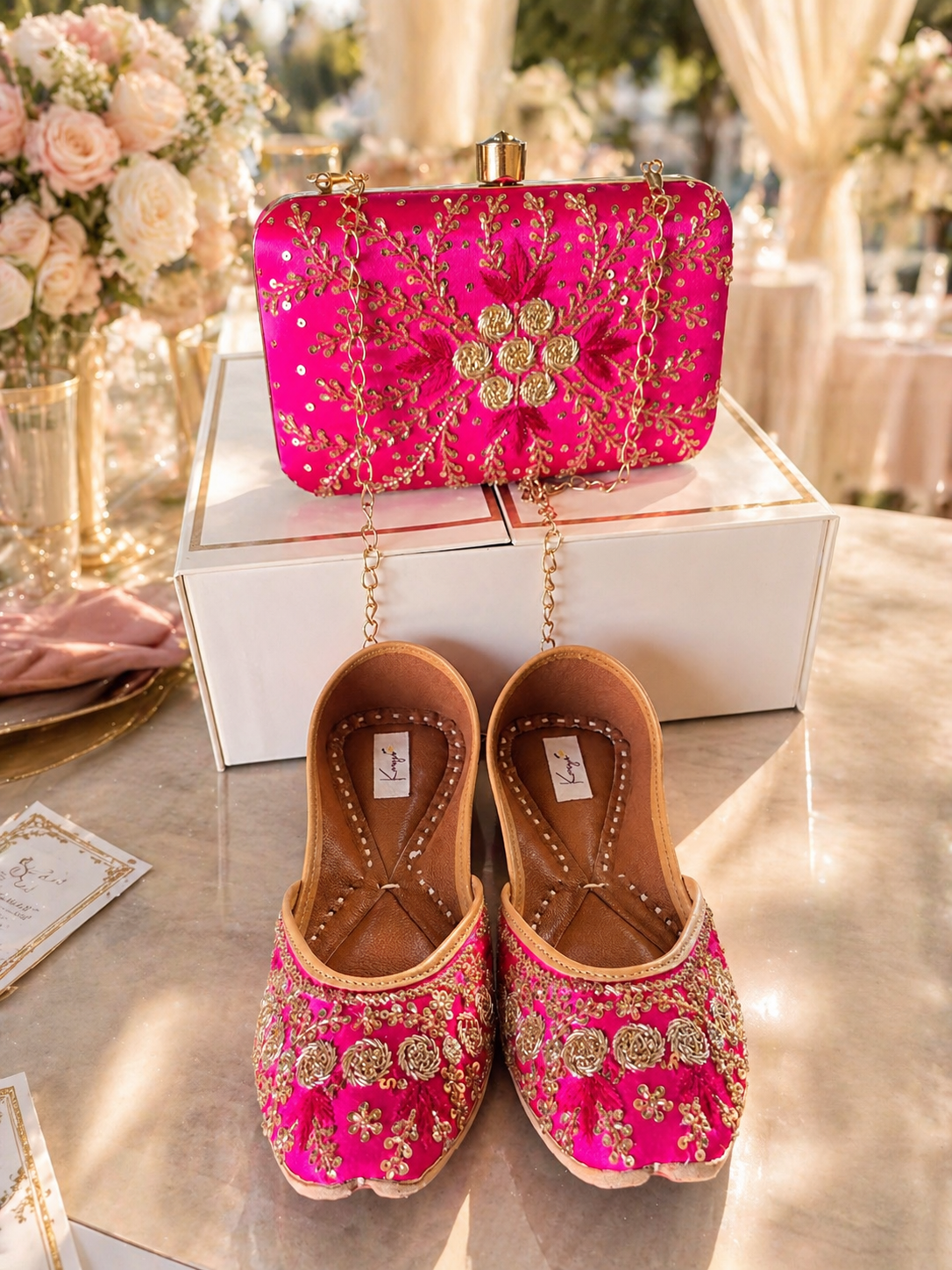 Rani Pink Zardozi Jutti & Clutch Bag Combo
