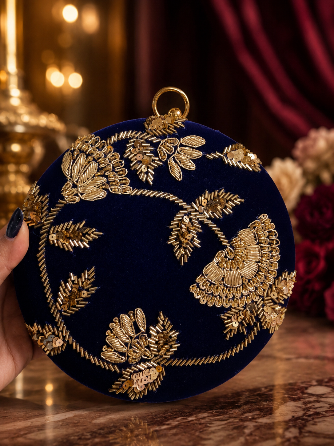 Round Embellished Velvet Clutch – Royal Blue