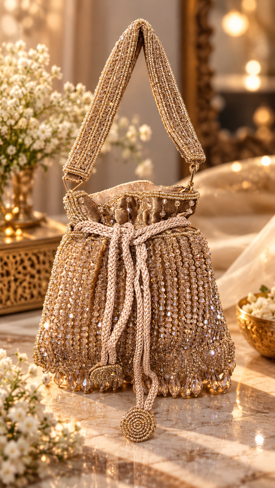 Champagne Crystal Cascade Mini Potli Bag