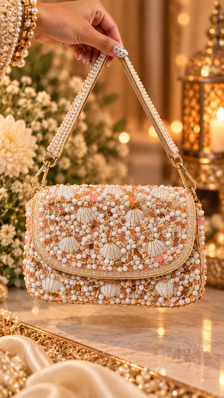 Pearl Shell Cascade Embellished Handbag- gold