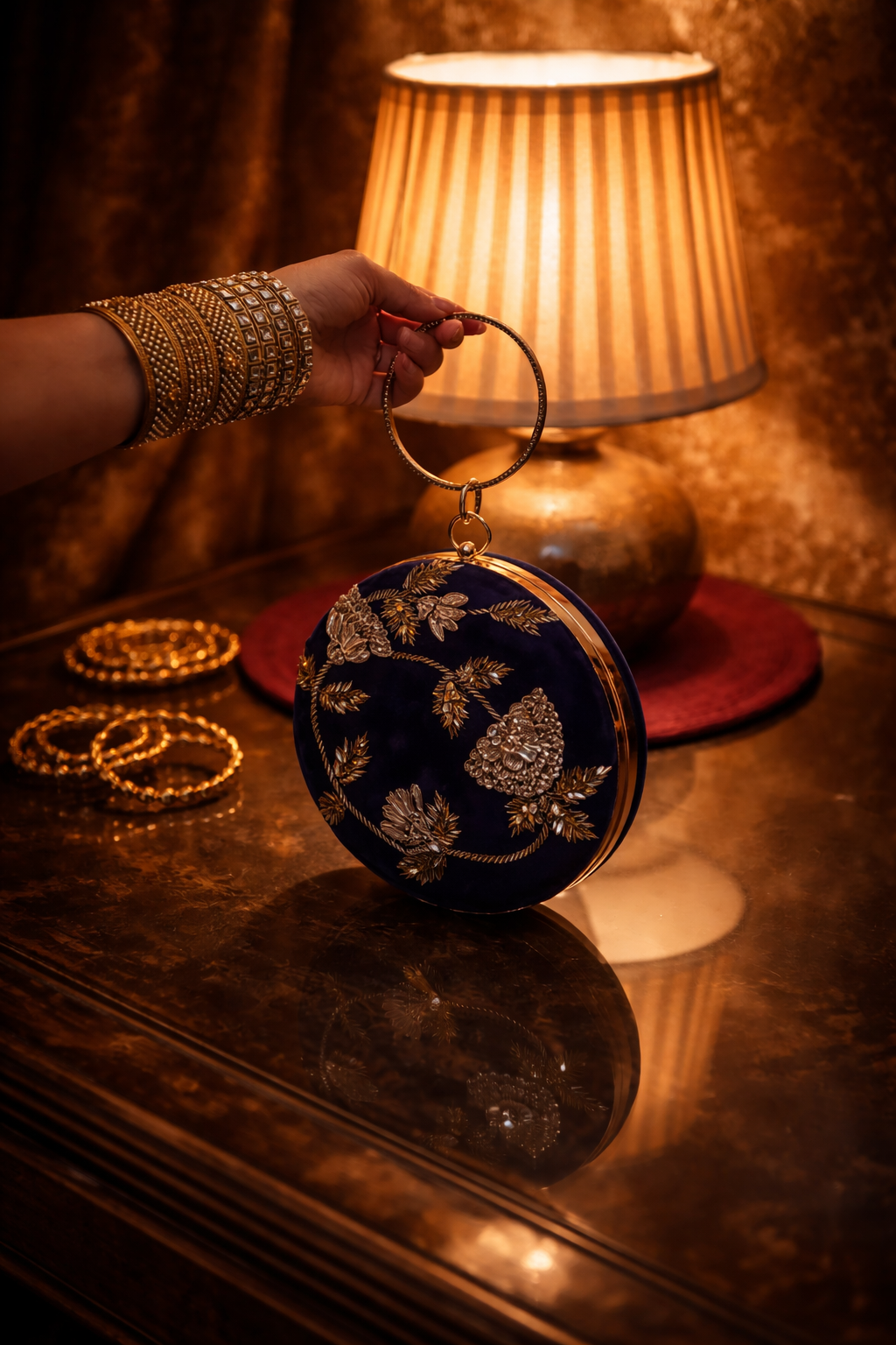 Round Embellished Velvet Clutch – Wine