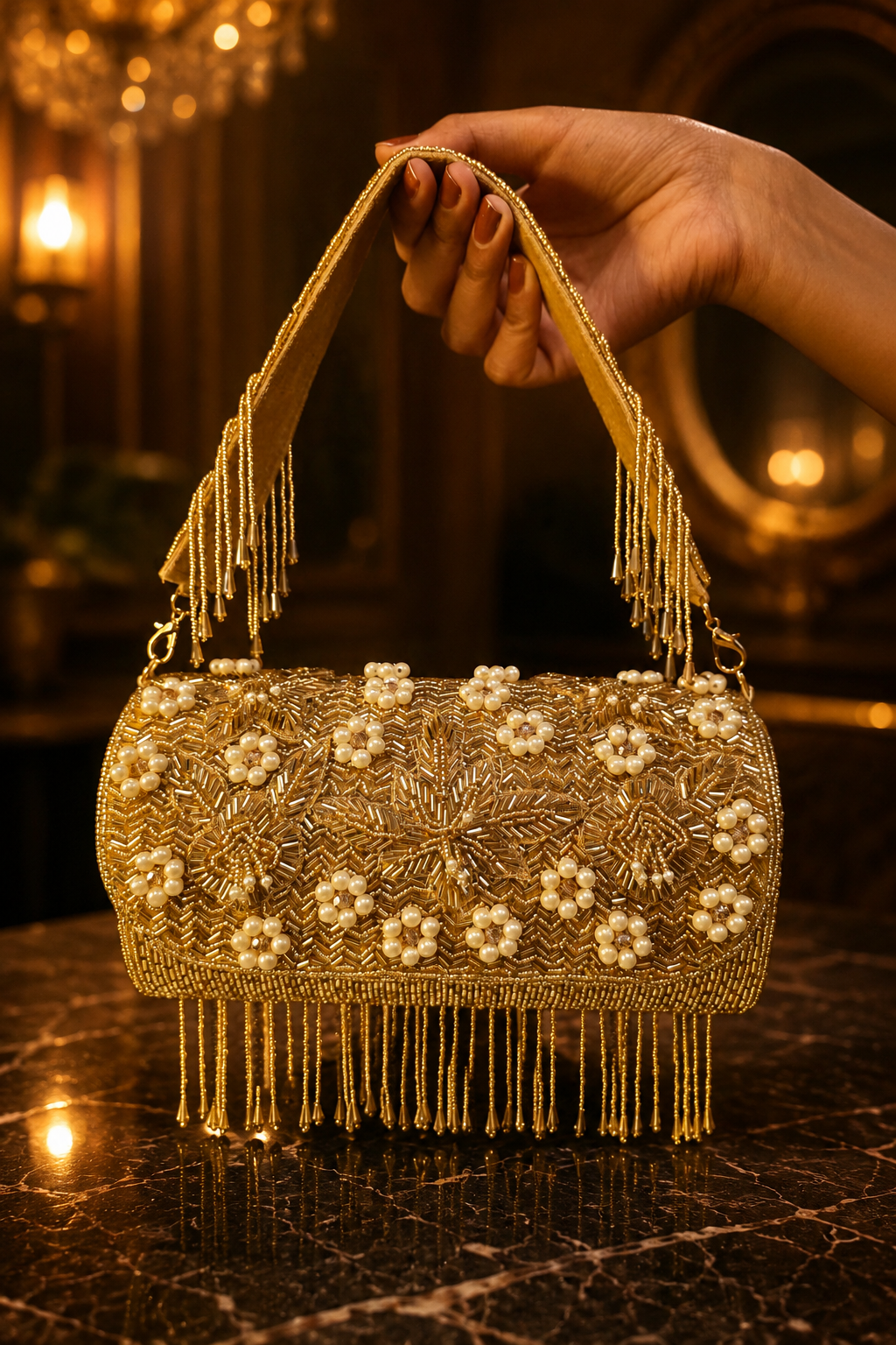 Golden Pearl Embellished Handbag