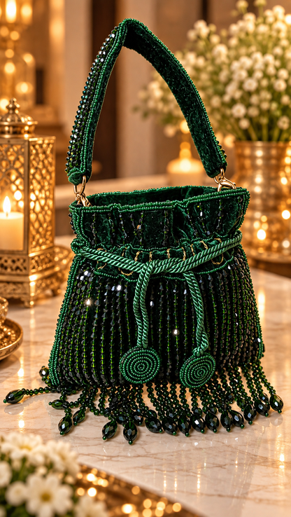 Emerald Luxe Beaded Mini Potli Bag