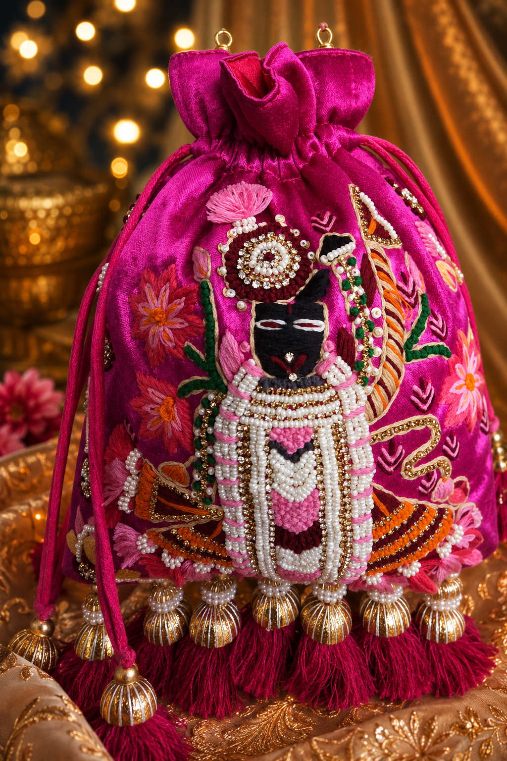 Rani Pink Shreenathji Embroidered Potli