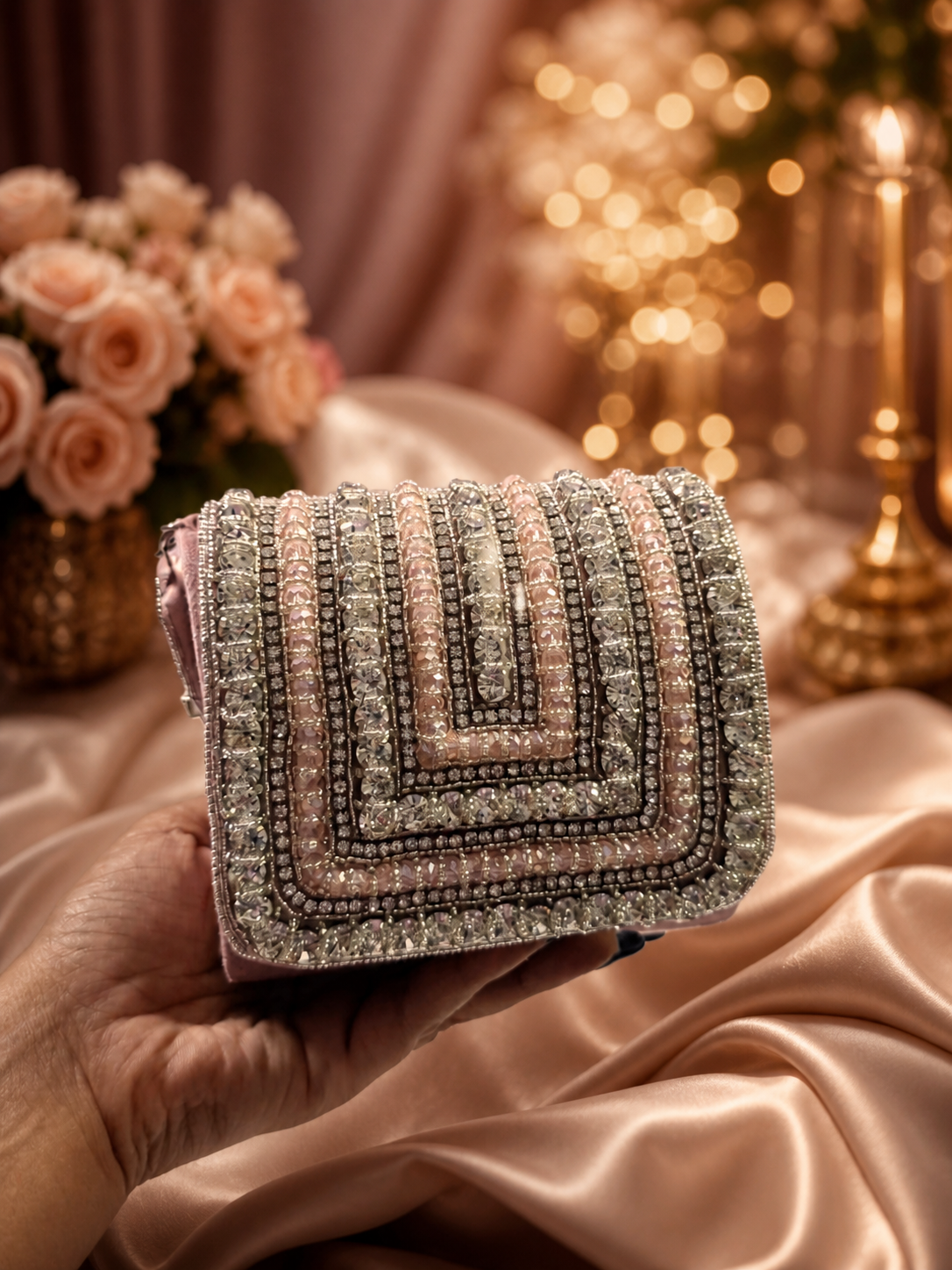 Embellished blush-toned Crystal Statement Bag