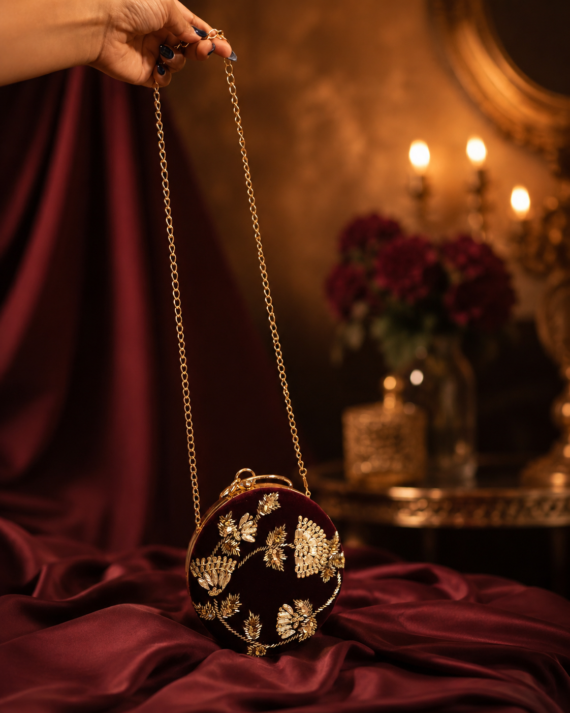 Round Embellished Velvet Clutch – Wine