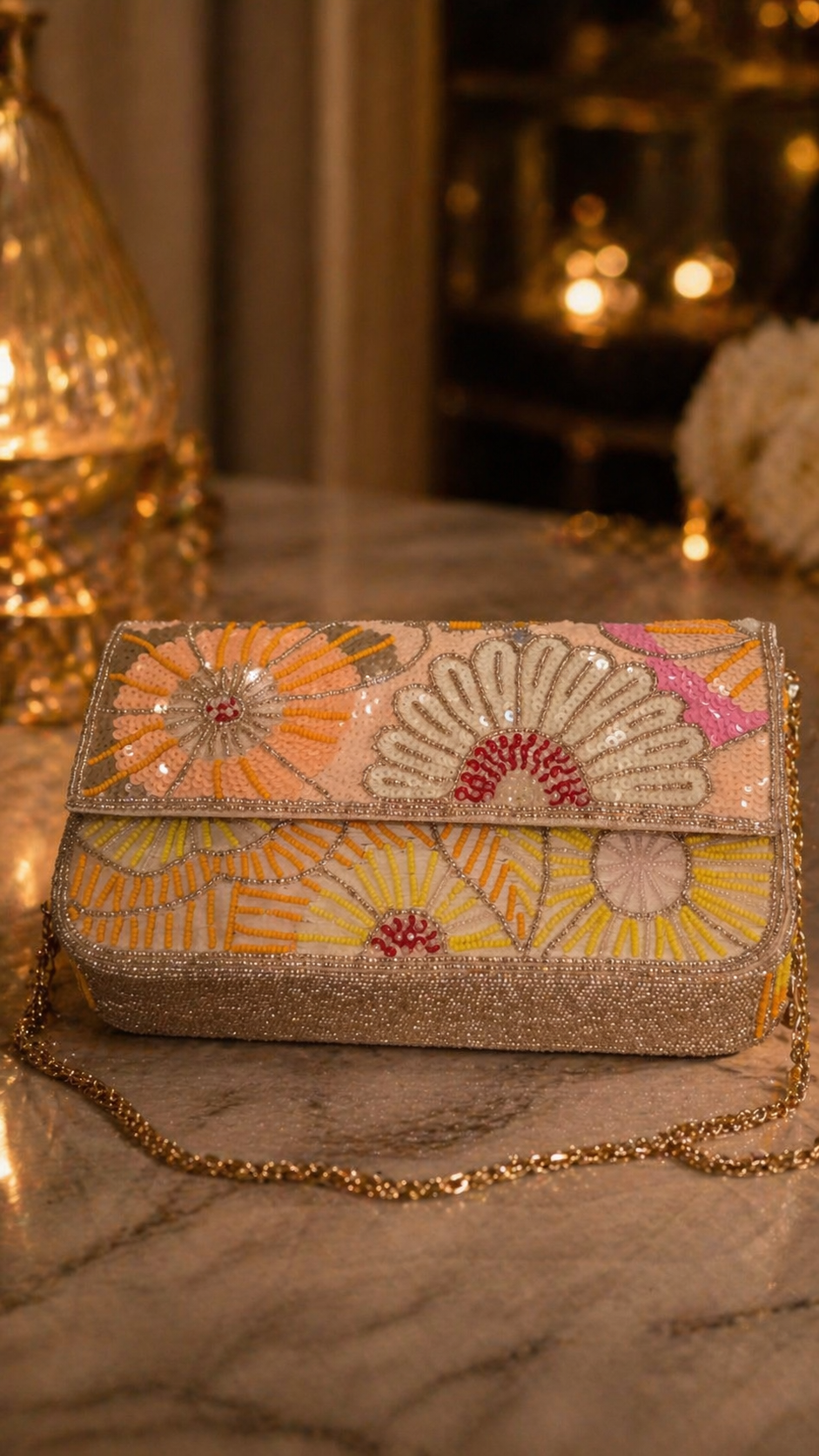 Soft peach Floral Embellished Bag