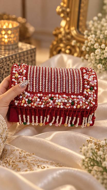 Ruby Royale – Handcrafted Pearl & Beaded Embellished Handbag