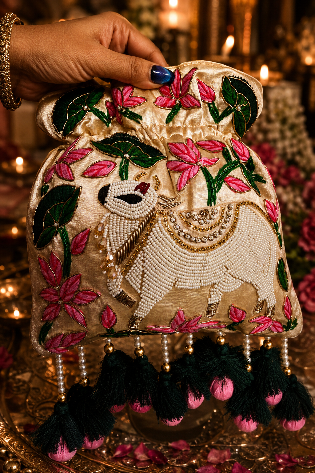 Pichwai ivory gold Potli Bag