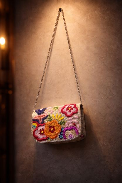 Silver Floral Hand-Beaded Shoulder Bag