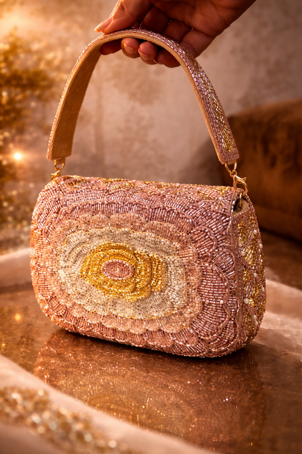 Rose Gold Floral Beaded Handbag
