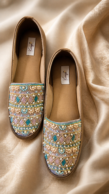 Pastel Pearl Embellished Slip-On Shoes