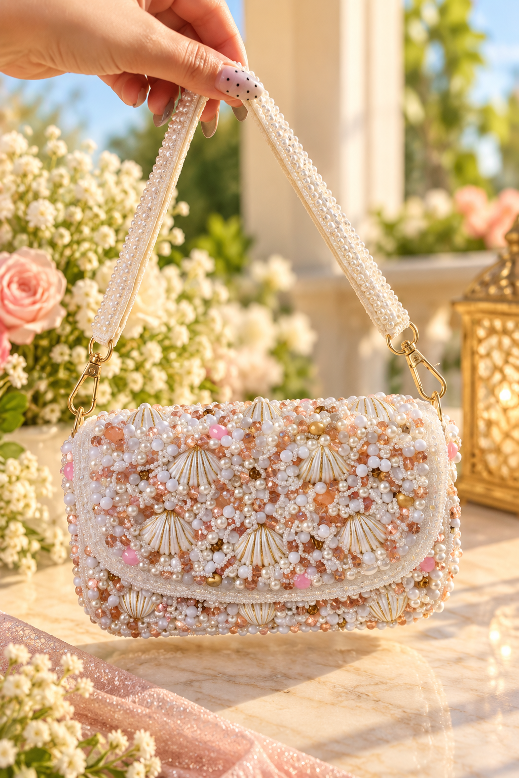 Pearl Shell Cascade Embellished Handbag - white