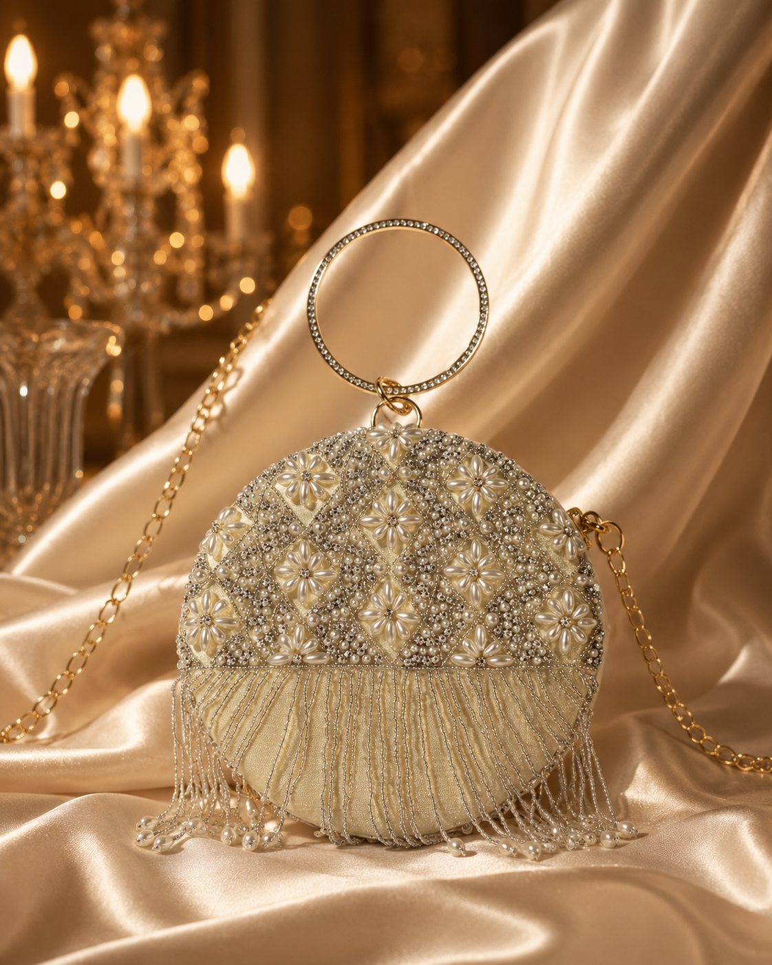 Embroidered Round Clutch with tassels