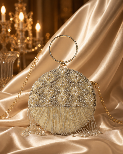 Embroidered Round Clutch with tassels